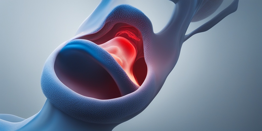 Inflamed and swollen tonsils with red patches and abscesses surrounded by calming blue glow.