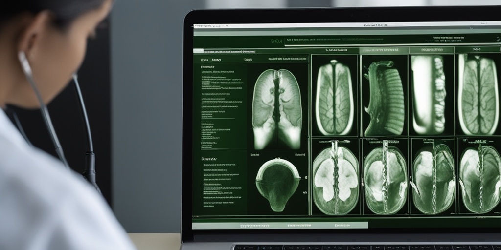 Medical professional examining MRI or CT scans for Syringomyelia diagnosis with green and creamy whites.