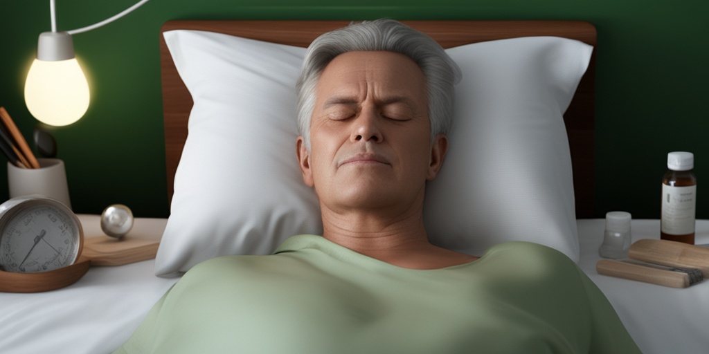 Middle-aged person lying in bed, surrounded by medication, with a severe headache and fever.