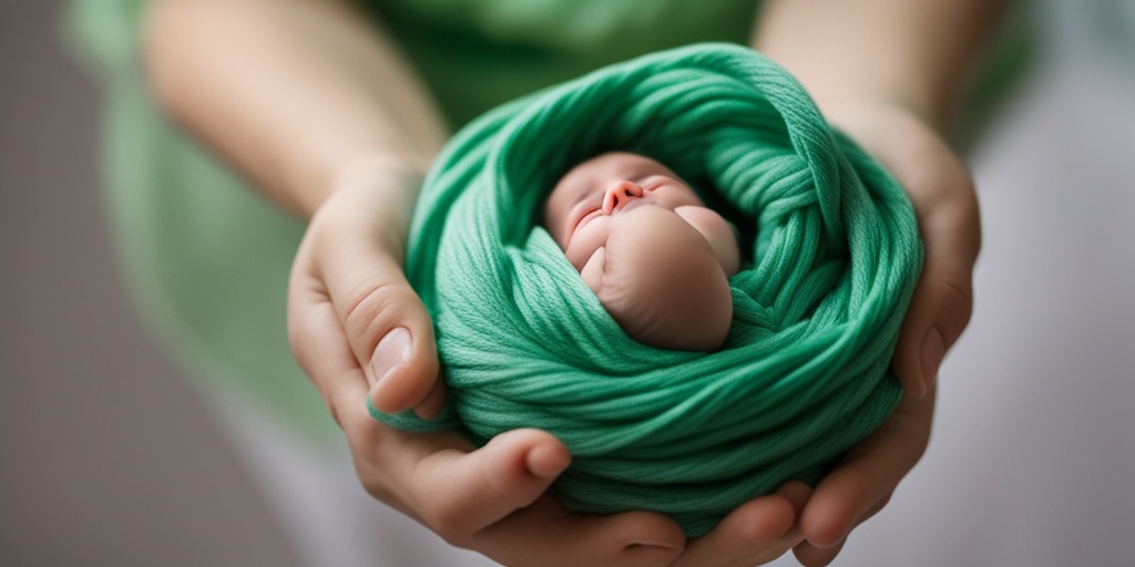 Mother gently caring for newborn's umbilical cord with soft focus and blurred background in soothing green.