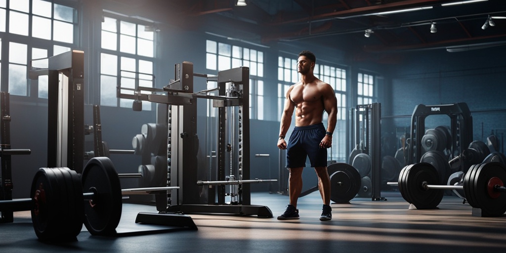 Muscular individual in industrial-style gym, highlighting strength training and muscle building.