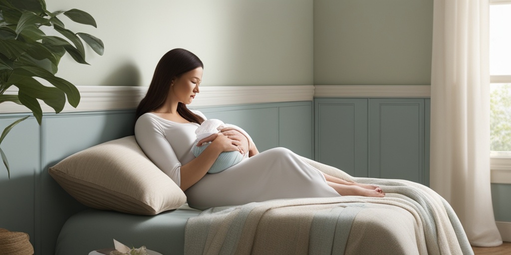 New mother sitting in peaceful environment, surrounded by soft greens and creamy whites, conveying emotional changes after childbirth.