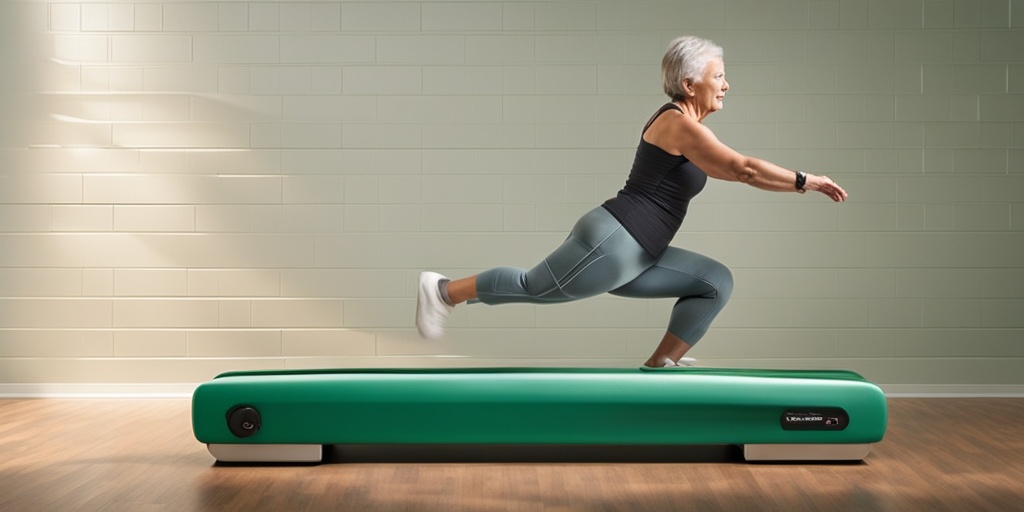 Older adult performs balance exercises in physical therapy setting, conveying determination and empowerment.