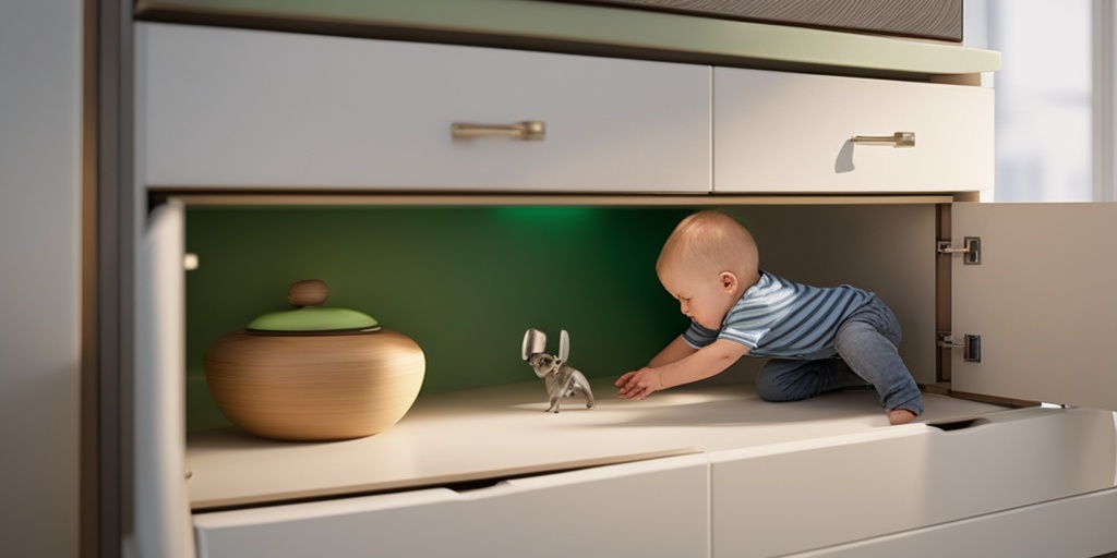 Parent installs safety locks and latches on cabinets and drawers as toddler plays safely in the background.