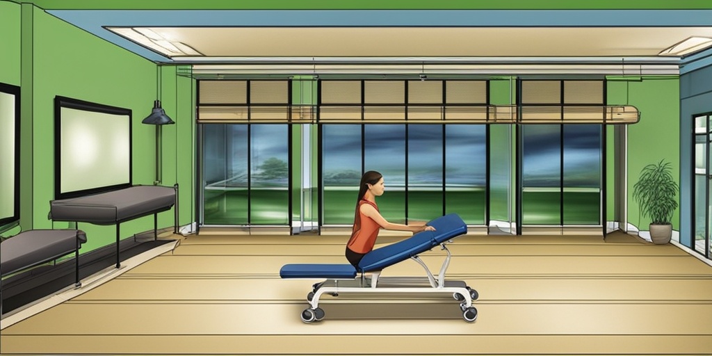 Patient undergoing physical therapy with focus on strengthening exercises and gentle stretching in a calming green and blue environment.