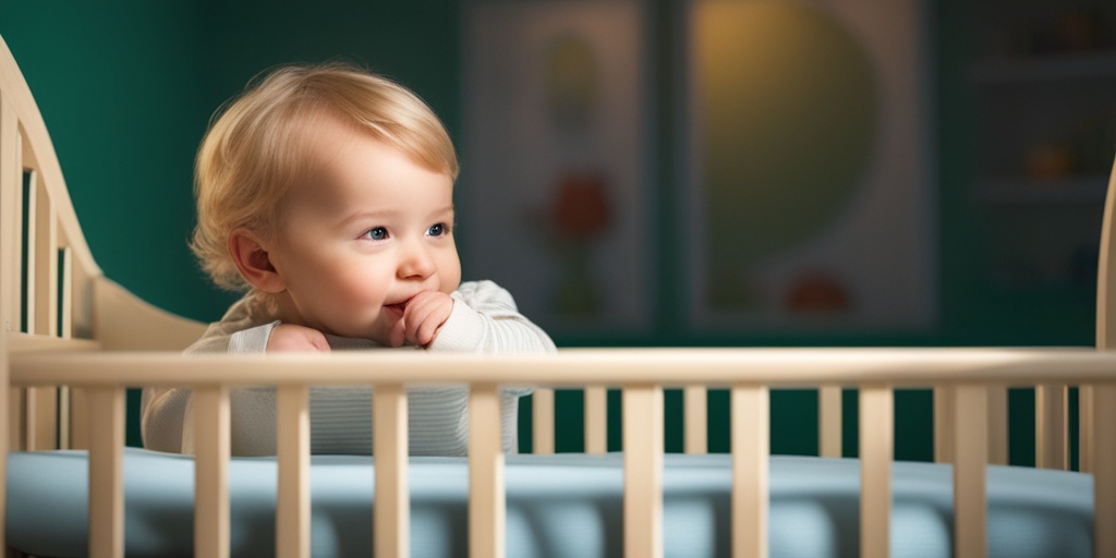 Peaceful toddler lying in crib, sucking thumb, surrounded by soft toys on soothing green background.