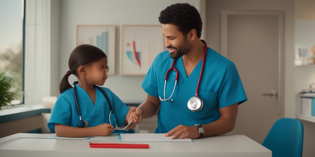 Pediatrician explains low blood sugar recognition to a parent in a doctor's office with medical equipment in the background.