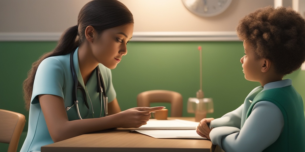 Pediatrician speaking with concerned parent, while child sucks thumb in the background, in a muted green consultation room.