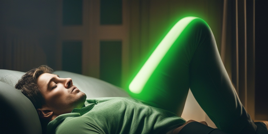 Person clutches head in pain on couch, surrounded by subtle green glow, hinting at poisoning.