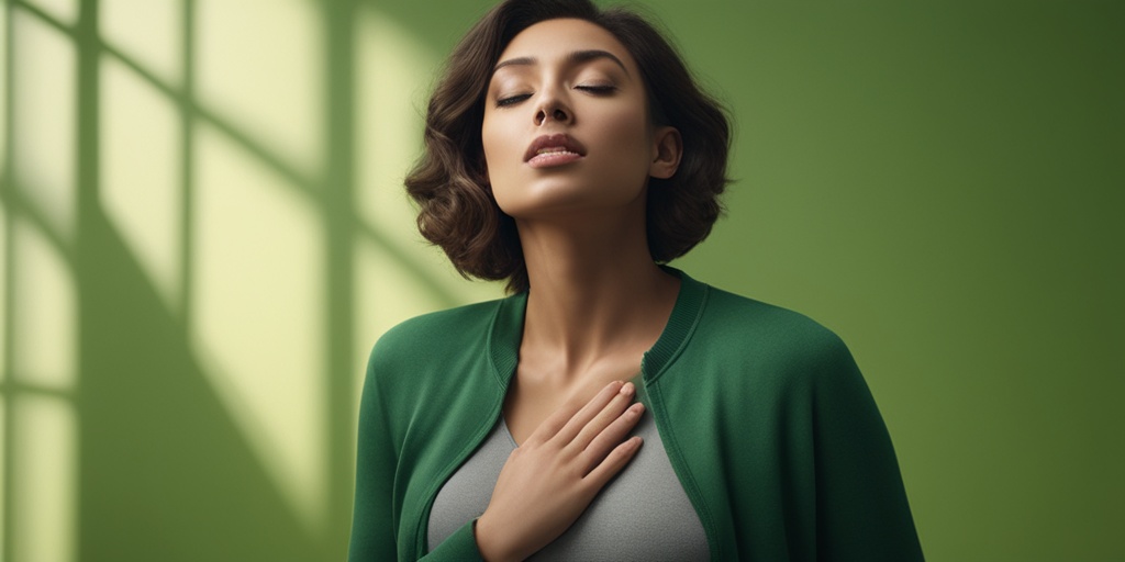 Person clutching chest or leaning against wall, experiencing chest pain or shortness of breath due to CAD.