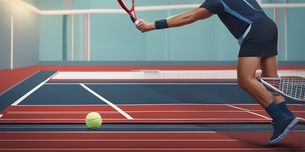 Person clutching elbow in pain with tennis racket and ball nearby against a blue background.