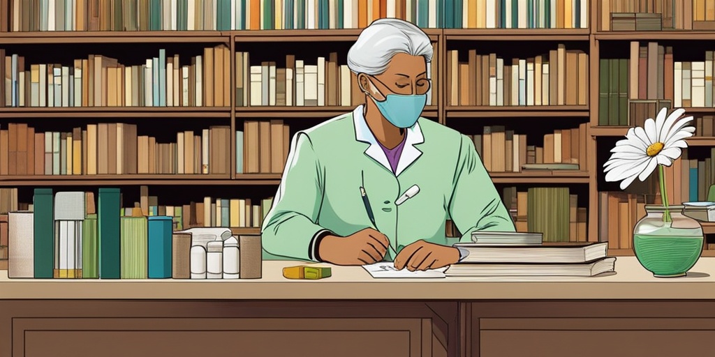 Person consulting with healthcare professional amidst medical books and chamomile products, highlighting responsible use and caution.