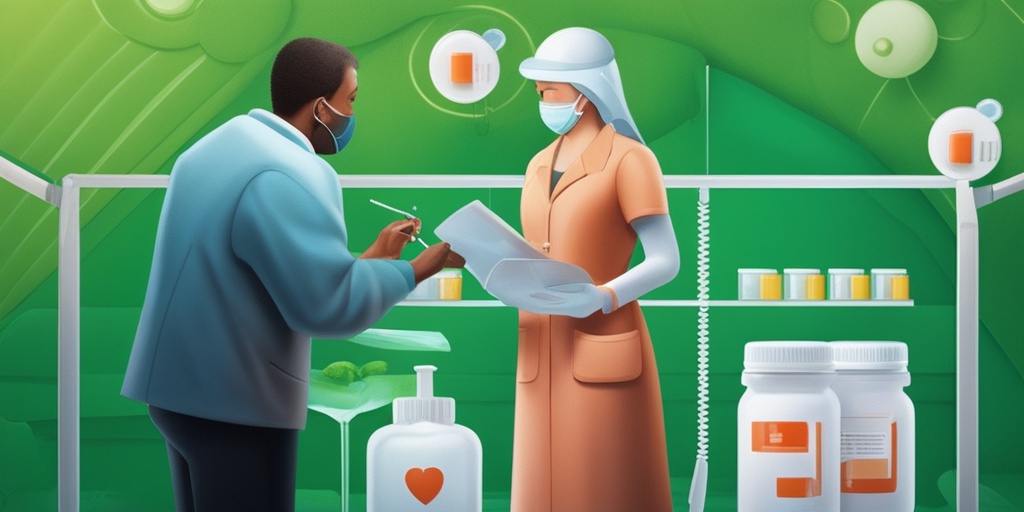 Person consulting with healthcare professional with medication and medical equipment against calming green background