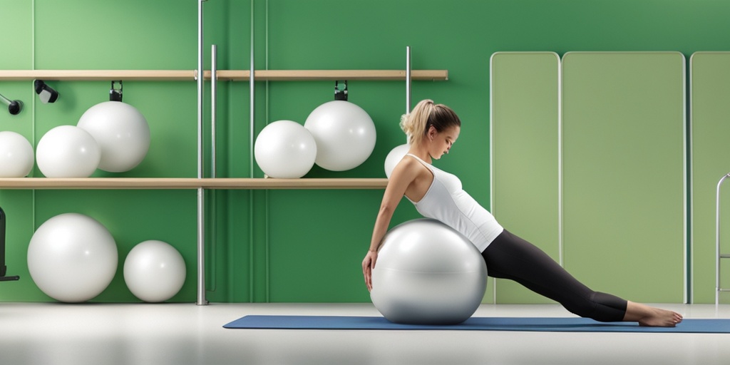 Person engaging in physical therapy with gradient green background, symbols of rehabilitation, and creamy white accents for balance and empowerment.