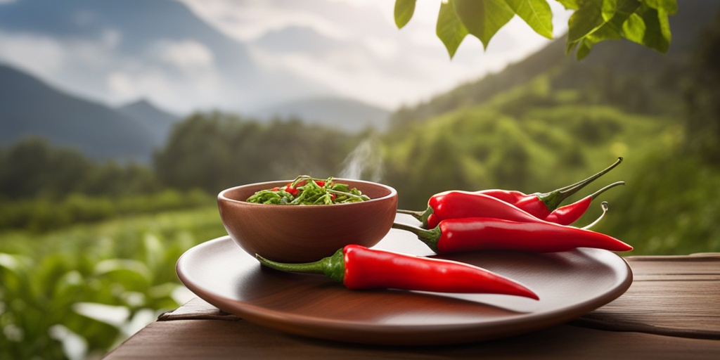 Person enjoys a healthy meal with steaming hot chili peppers in a natural setting with lush greenery.