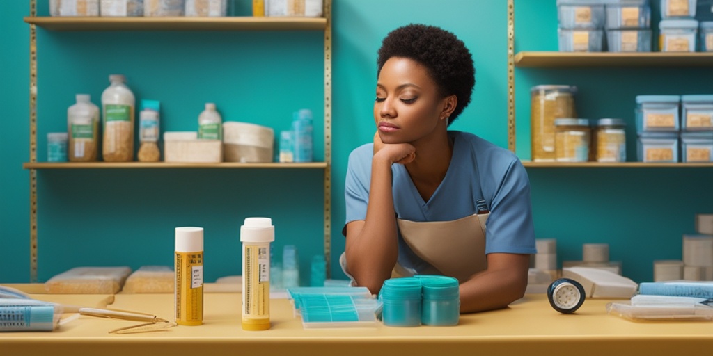 Person experiencing high blood sugar symptoms amidst warm golden background with scattered medical supplies and cinematic lighting.