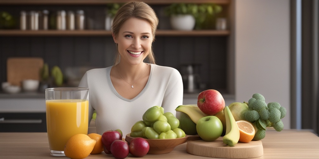 Person following specialized diet and nutrition plan, surrounded by 3D rendered healthy food items, conveying hope and empowerment in a warm, creamy white tone.