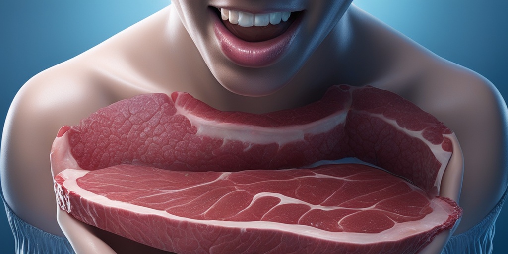 Person handling raw meat, transferring E. coli bacteria to mouth, spreading infection.