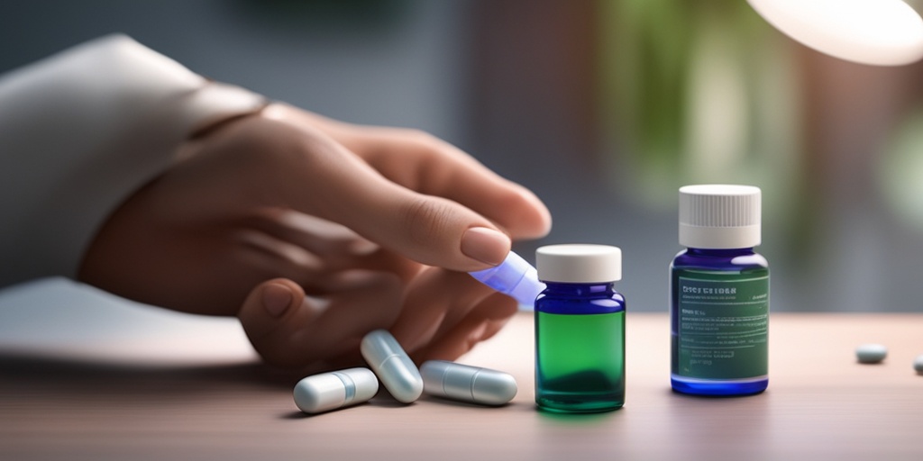 Person holding pill bottle, surrounded by medical equipment, showcasing various medications and treatments for Lupus.