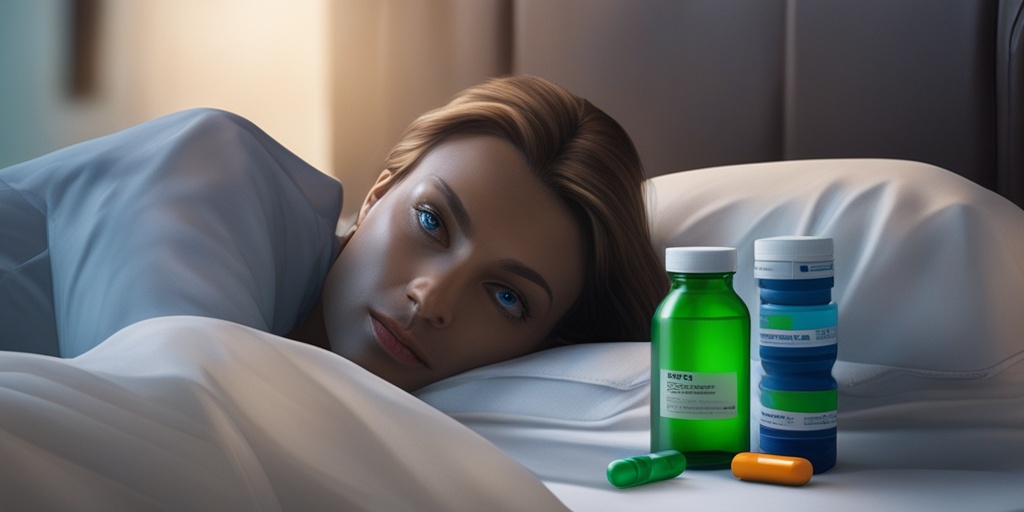 Person lying in bed surrounded by medication, highlighting the potential side effects of Valerian Root with a gentle, reassuring tone.