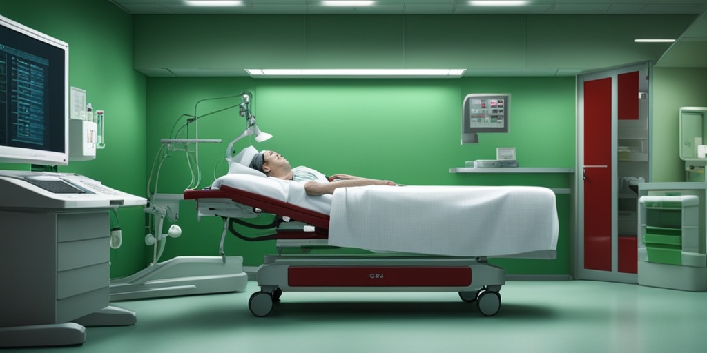 Person lying in hospital bed with medical devices and concerned medical professionals