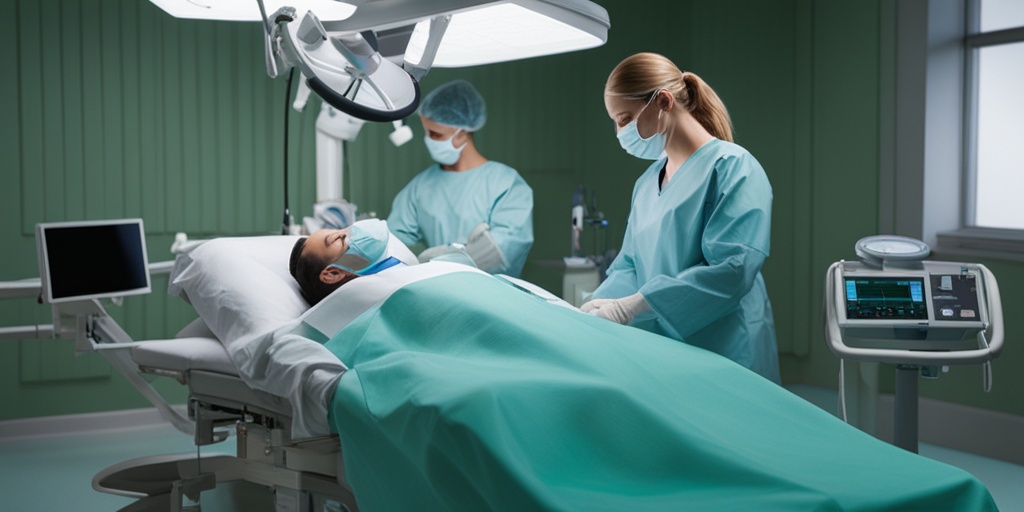 Person lying on an operating table surrounded by medical equipment and surgeons, conveying hope and determination.