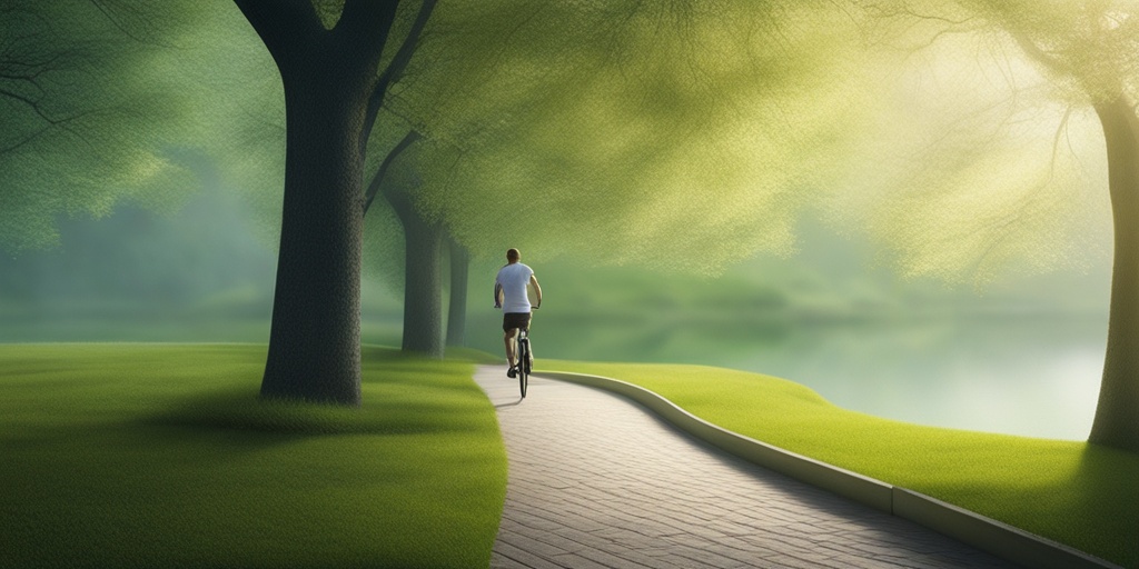 Person makes lifestyle changes in peaceful natural environment with subtle green tint and soft blue background.