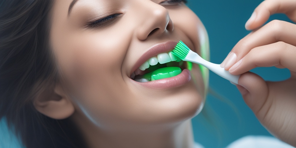 Person practices good oral health with glowing green aura and soft blue background.