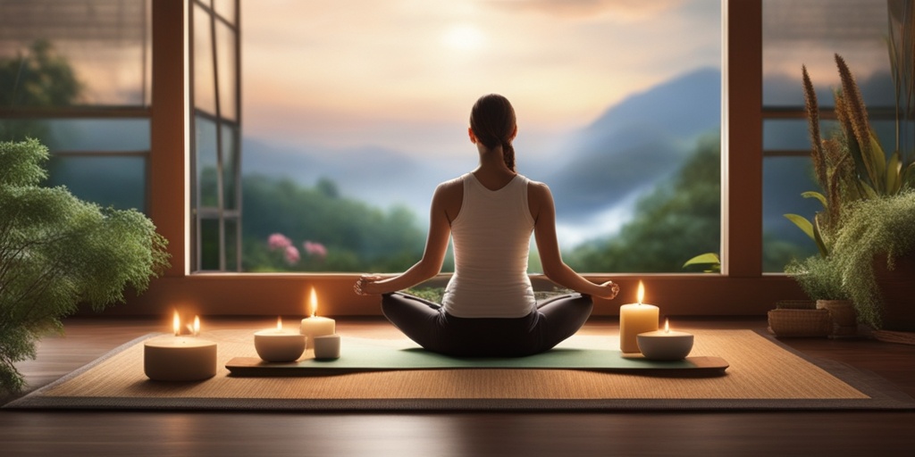 Person practicing yoga and meditation in peaceful atmosphere with natural lighting and green background.