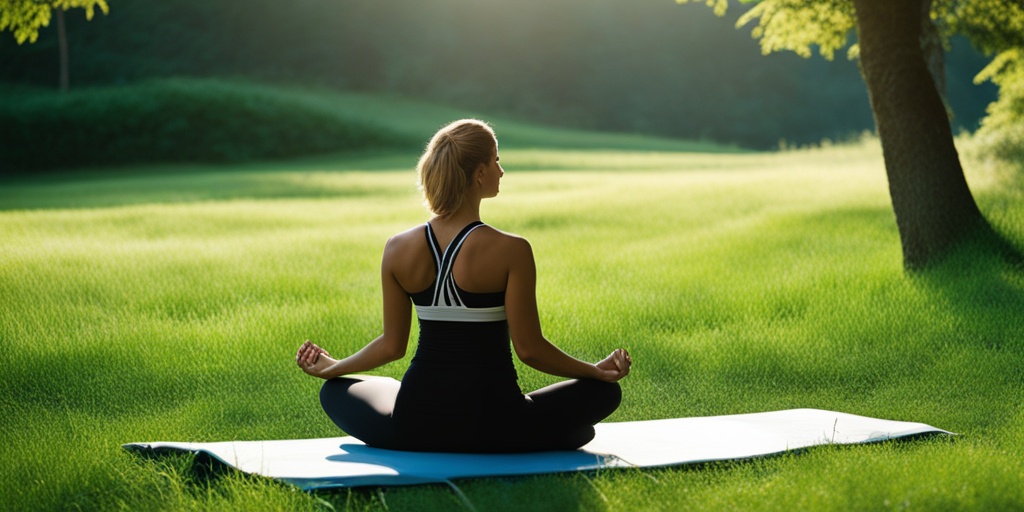 Person practicing yoga in a peaceful outdoor setting with lush greenery and subtle blue tones, promoting mental well-being in Pulmonary Lymphangiomyomatosis.