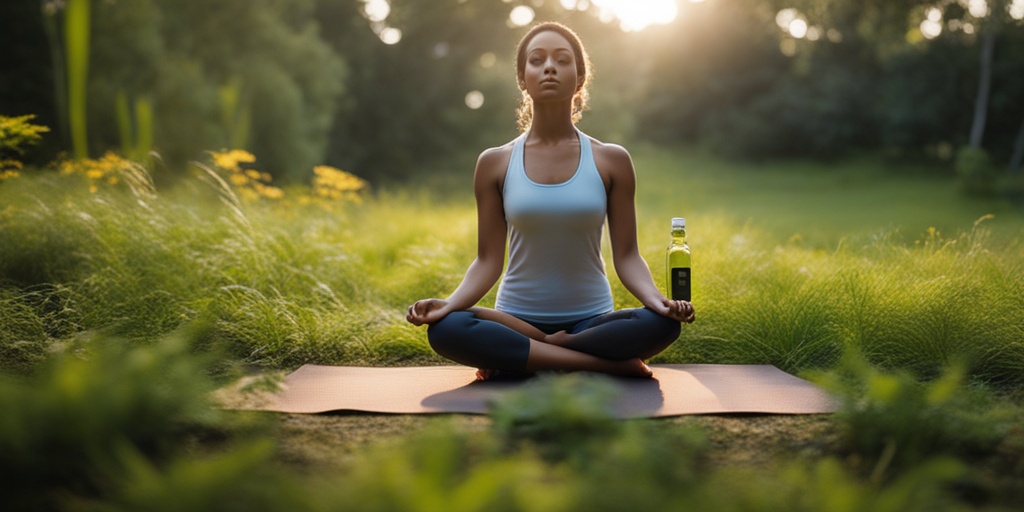 Person practicing yoga in a serene outdoor setting surrounded by lush greenery and a calming blue sky.