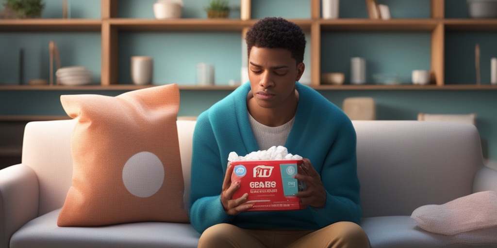 Person sits on couch surrounded by used tissues and medication holding warm compress to sore throat.