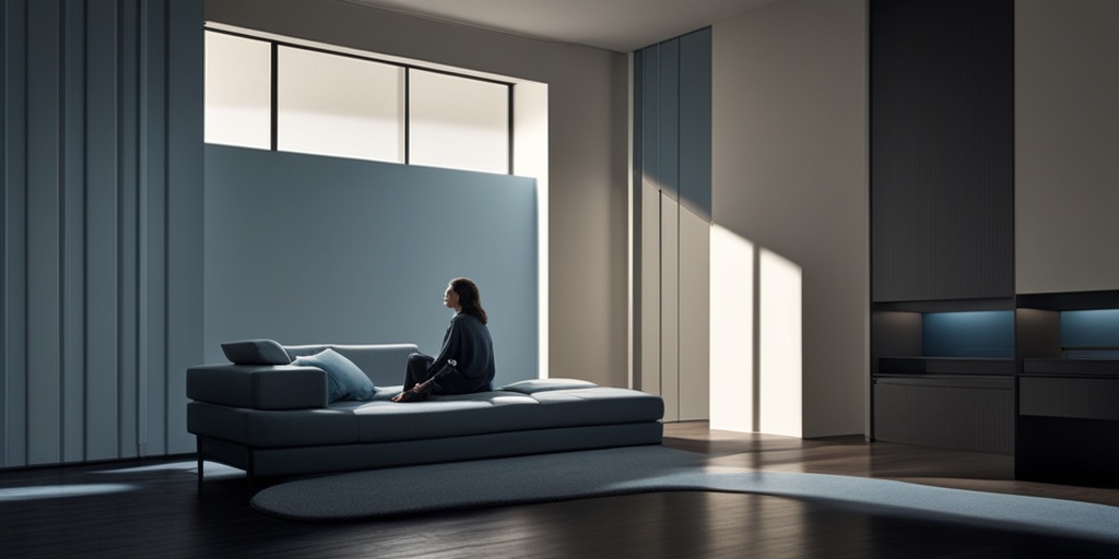 Person sitting in dimly lit room surrounded by shadows and darkness, conveying sadness and despair.