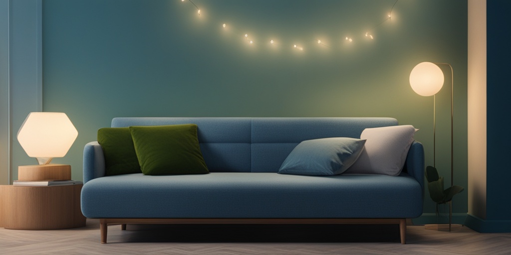 Person sitting on a couch surrounded by calming elements, with a gradient background symbolizing emotional shift from anxiety to relaxation.