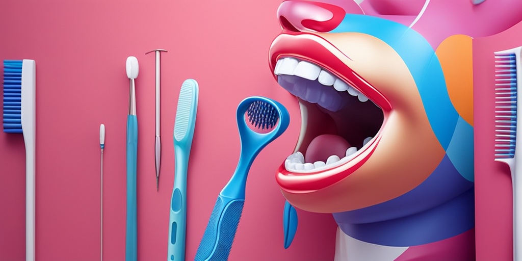 Person smiling with clean and healthy mouth, surrounded by toothbrushes and dental floss, promoting good oral hygiene practices.