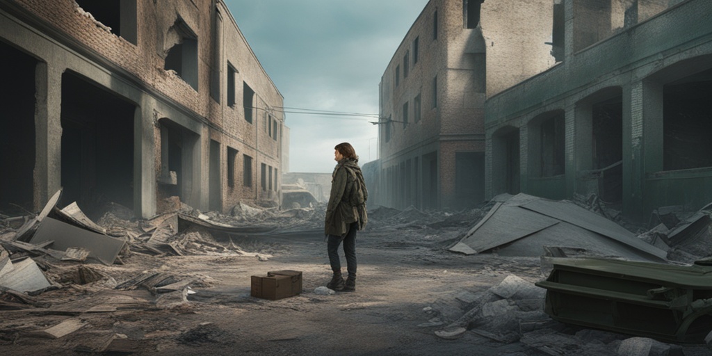 Person stands in a war-torn environment surrounded by symbols of trauma and PTSD causes.