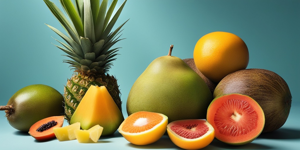 Person surrounded by exotic fruits with warm and uplifting lighting, boosting immunity.