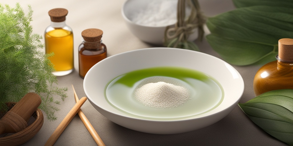 Person surrounded by natural remedies like oatmeal baths, cool compresses, and herbal teas against soothing white background.