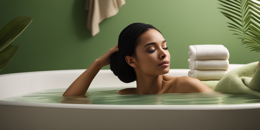 Person with Bullosa Hereditaria engaging in self-care activities like taking a warm bath or applying creams in a calming green environment.