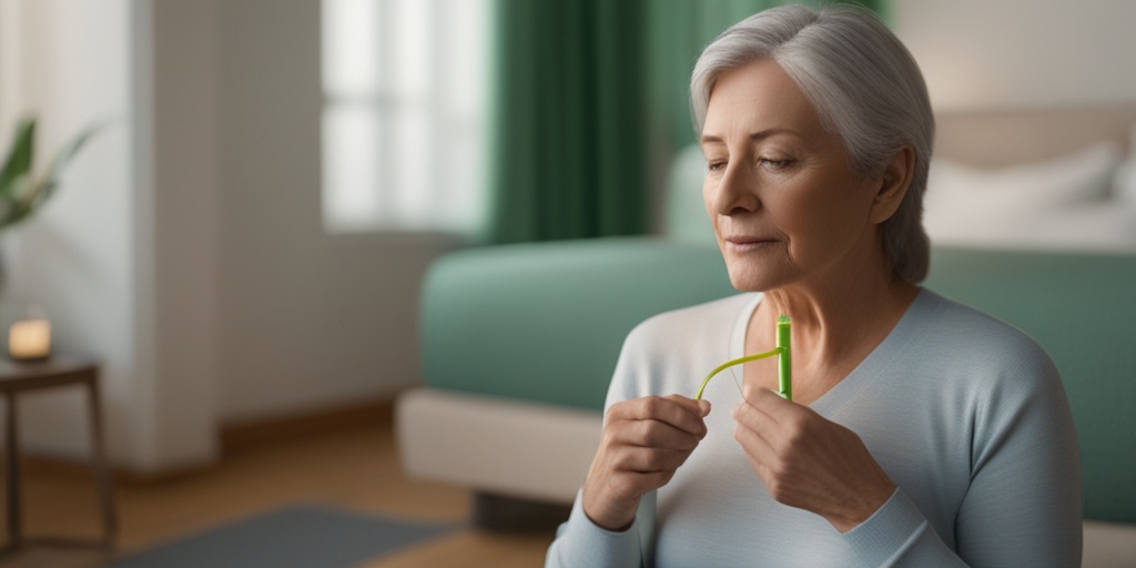 Person with COPD performs breathing exercises in a peaceful room with a subtle green background.