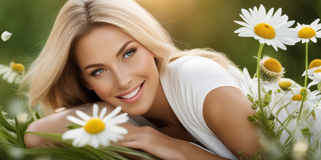 Person with glowing skin surrounded by chamomile flowers and skincare products, evoking rejuvenation and wellness.