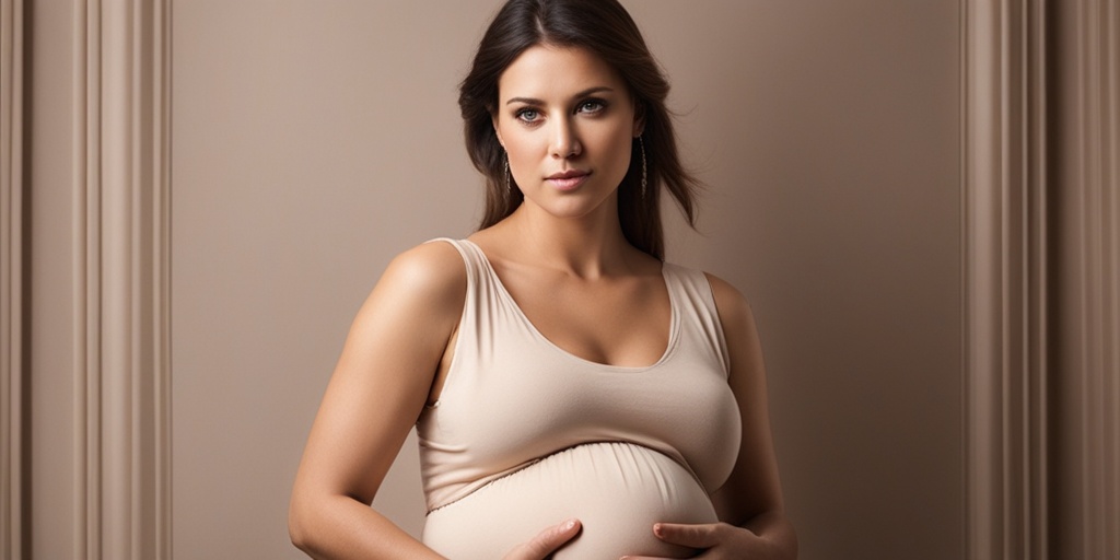 Pregnant woman holding belly with concerned expression, warm and comforting color palette.