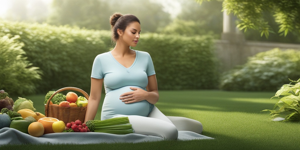 Pregnant woman in peaceful environment surrounded by healthy pregnancy elements