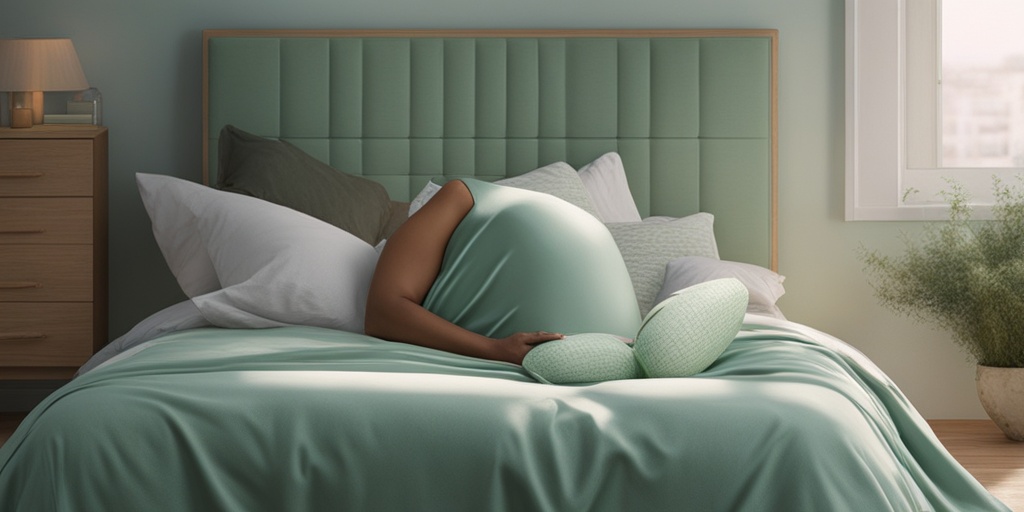 Pregnant woman sitting on bed edge, holding trash can, surrounded by pregnancy items, conveying vulnerability and hope.