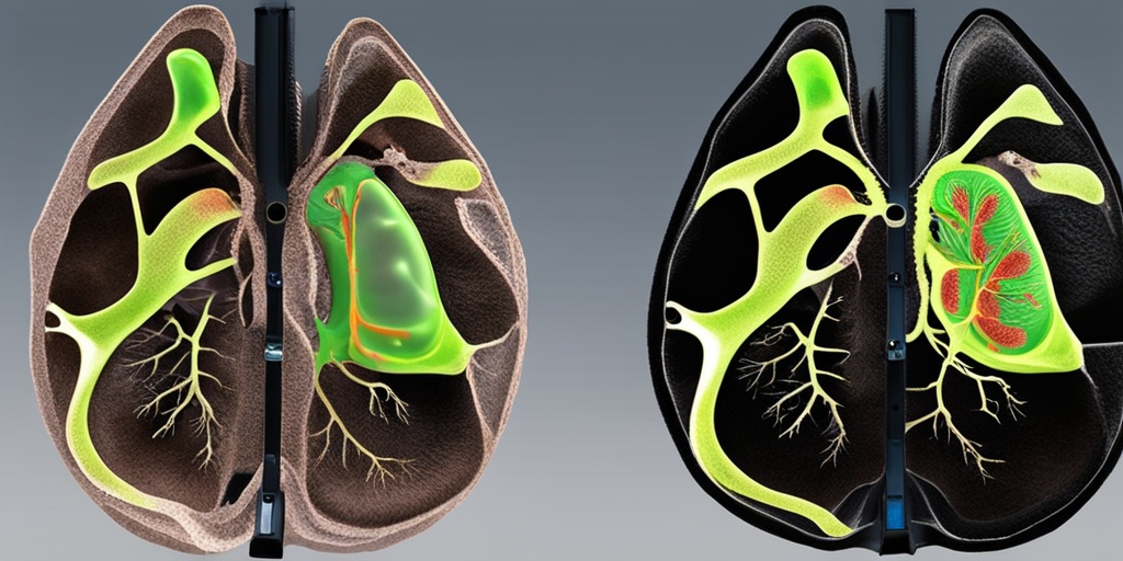 Split-screen comparison of a healthy lung and a lung affected by Black Lung Disease