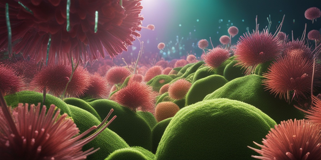 Split-screen comparison of healthy and affected immune systems, with green background, highlighting T-cells and their interaction.