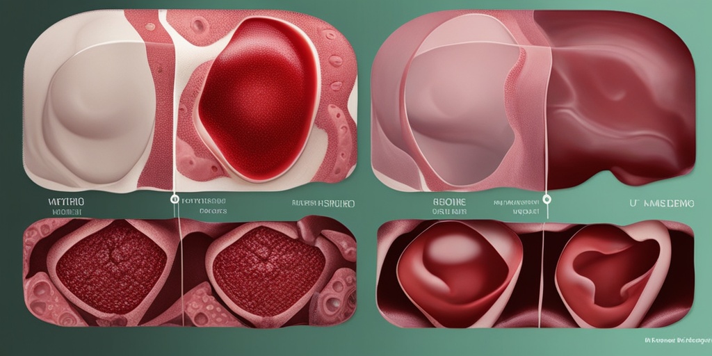 Split-screen comparison of healthy and unhealthy uterus, gentle green for health, deep red for urgency.