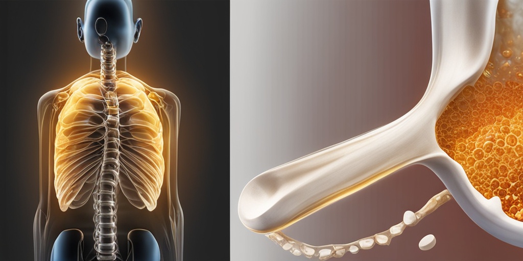 Split-screen image compares healthy and weakened bone structures with vitamin D molecules.