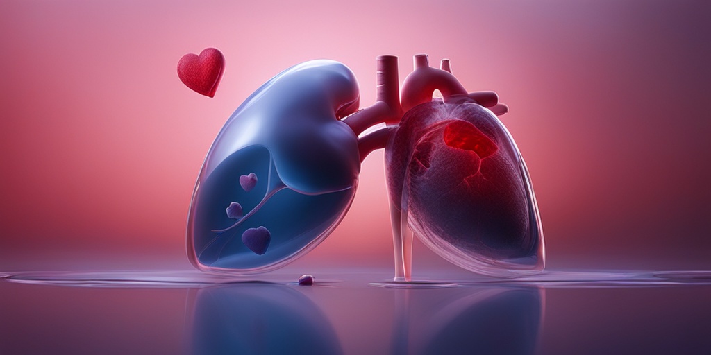 Split-screen image compares healthy heart with infected heart with bacteria and ominous red glow.