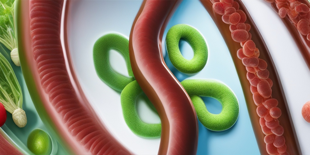 Split-screen image comparing healthy gut with infected gut, highlighting causes and risk factors.